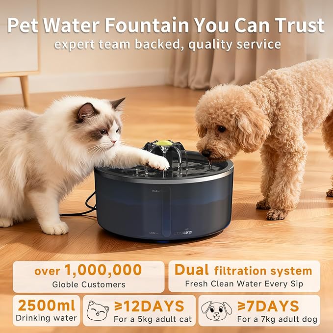 Cat Water Fountain with Dual Filtration System, 2.5L/84oz Pet Water Fountain for Cats Inside, Cat Fountain for Drinking with Ultra Quiet Pump(≤20dB)& LED Blue Light - for Pets Small Animals(2Filters)