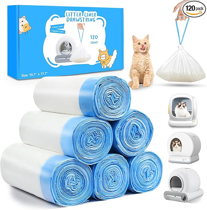 120 Count Self Cleaning Cat Litter Box Liners Bag Fit For MeoWant MW-SC01,MW-SC02, Drawstring Heavy Duty Litter Receptacles Bags Compatible with Automatic Cat Litter Box- 17.7" x 19.7" - AquaVibe