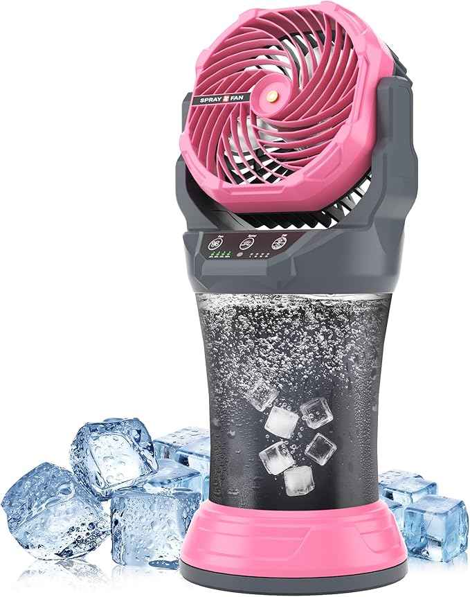 AVV Portable Misting Fan with RGB Ambient Light- 2L Water Tank, 4 Speeds & Spray Mist Fan, 30000mAh Rechargeable Misting Fans for Outdoor/Indoor Fans for Camping, Patio, Garden, Grey-Pink