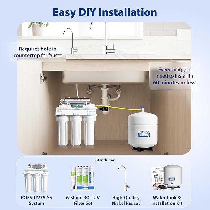 APEC Water Systems ROES-UV75-SS Top Tier Violet Sterilizer 75 GPD 6-Stage Ultra Safe Reverse Osmosis Drinking Water Filter System, Stainless Steel UV Housing