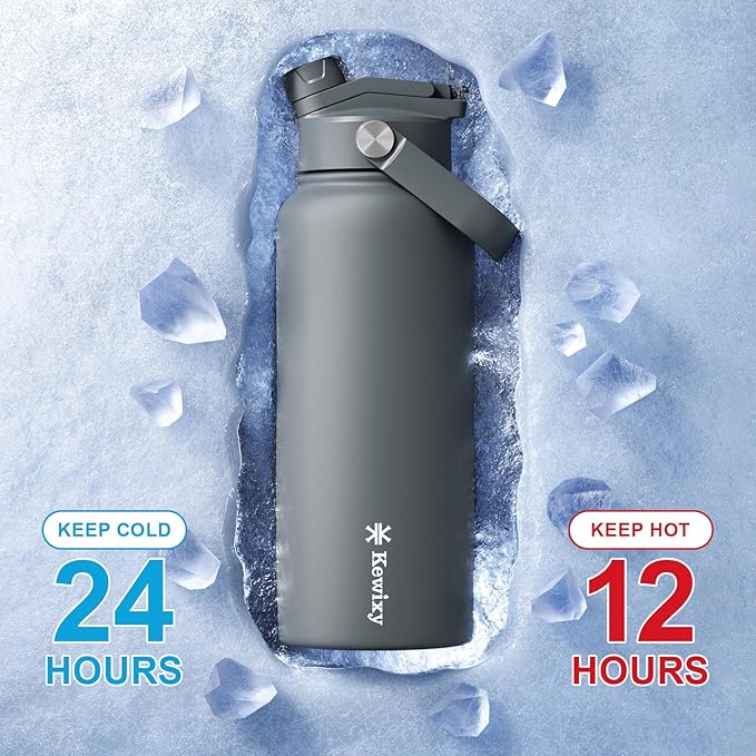 KEWIXY 32 oz Insulated Water Bottle, 2-in-1 Lid, Straw & Spout with Protected, Leak Proof, Keep Cold, Stainless Steel, Metal, Reusable, Handle, for Outdoor, Gym and School, 2 Lids, Char Gray