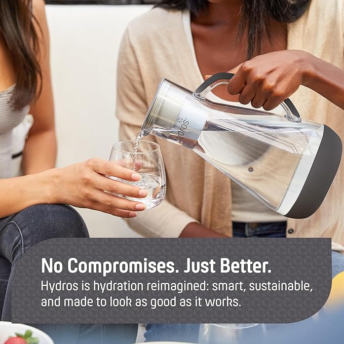 Hydros 64 Ounce Water Filter Pitcher with Patented Fast Flo Tech, 60 Second Quick Fill-Up and BPA-Free Recyclable Filter, Eight Cup Capacity, Grey
