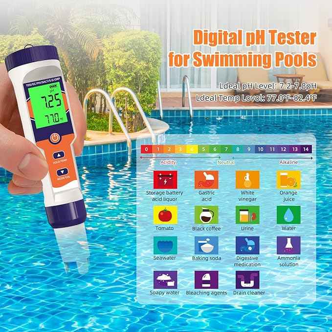 7-in-1 Digital Pool Salt Tester | pH, ORP, Salinity, TDS, EC, Temperature Meter for Saltwater Pools, Hot Tubs, Spas, Aquariums, Hydroponics，Saltwater Pool Tester