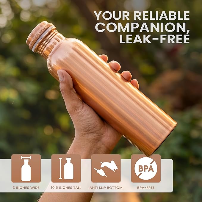 THE ART BOX Pure Copper Water Bottle 34 oz (1000 ml) – Lab Tested, Leak-Proof Ayurvedic Copper Bottle for Drinking Water, BPA-Free, Eco-Friendly, Handcrafted for Daily Hydration & Wellness
