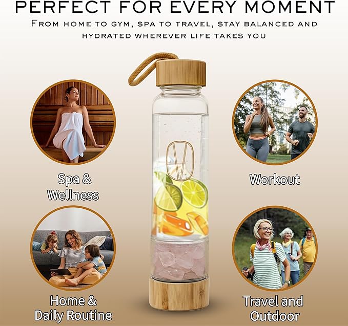 Vie Healing Gem Infused Rose Quartz Crystal Water Bottle, 16oz | Crystal Glass Bottle for Mindful Hydration, Daily Balance & Style | Eco Friendly Reusable Water Bottle for Home, Office, Gym & Travel