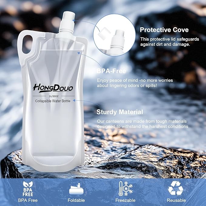 2 Pack Collapsible Water Bottles, 1L Hiking Water Flasks (2L Total) - 33oz BPA-Free Reusable Drink Bags With Carabiners and Handles, Squeeze Water through a Filter or Use as Water Bottles