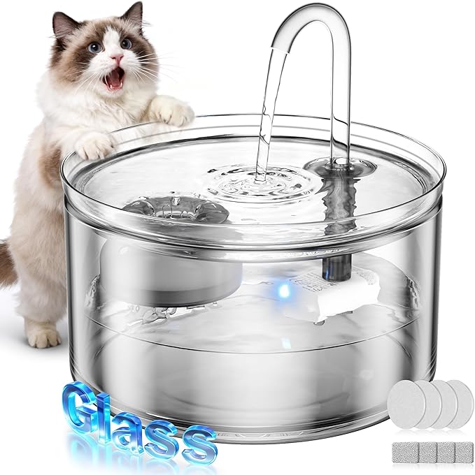 Cat Water Fountain, 74oz/2.2L All Glass Automatic Water Fountain with Ultra-Quiet Auto Shut-Off Pump, Easy to Clean Pet Water Dispenser for Cats, Kittens (with 4 Filters)