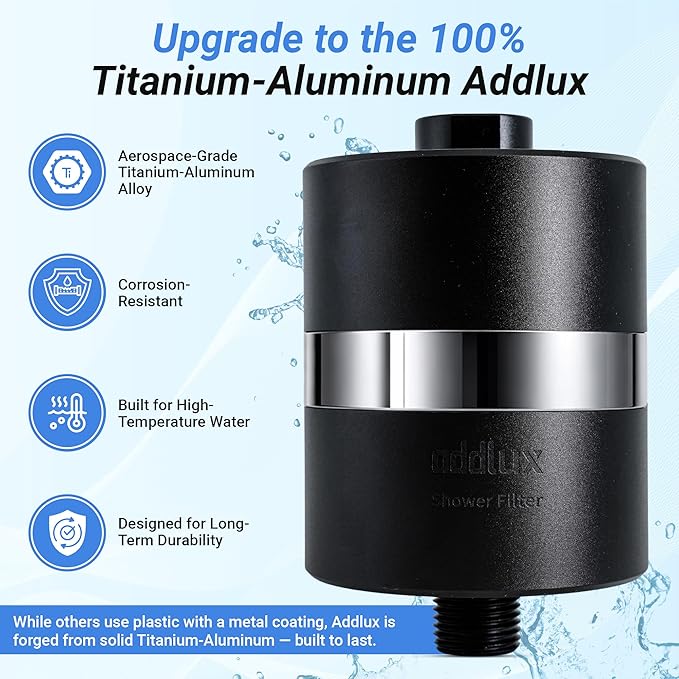 ADX-PRO-7 Long Lasting Titanium Aluminum Shower Filter – Independently Tested to NSF/ANSI 177 Standards, Reduces 99% Chlorine & Heavy Metals, Water Softener Filter Black (1 Filter & Tool Kit)