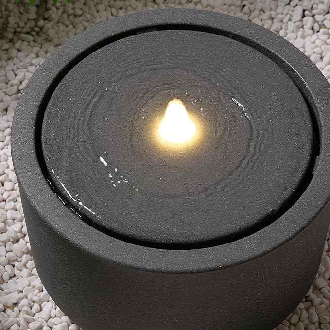 10.23” H Outdoor Water Fountain Made with Eco-Friendly Recyclable Materials, Polyethylene Round Bubbler Water Fountain Outdoor, Garden Decor with LED Light for Patio, Porch, Backyard