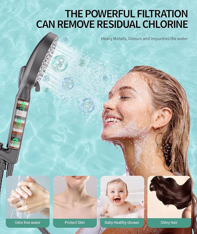 Filtered Shower Head with Handheld, High Pressure 9 Spray Mode Gunmetal Grey Showerhead With Filters,Detachable Shower Head,Water Softener Filters Beads For Hard Water - AquaVibe