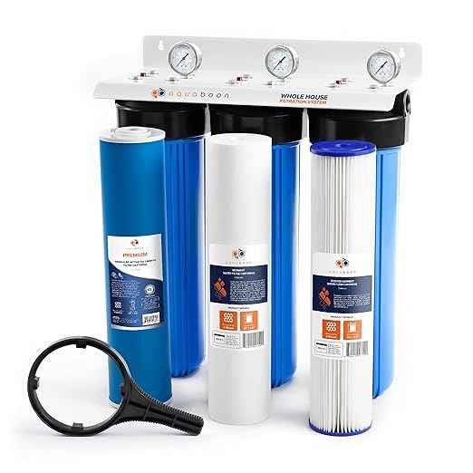 Aquaboon 3 Stage Whole House Water Filter System for Well Water with 20x4.5 Water Filters Cartridges, Wrench, Bracket, Pressure Gauges & Release
