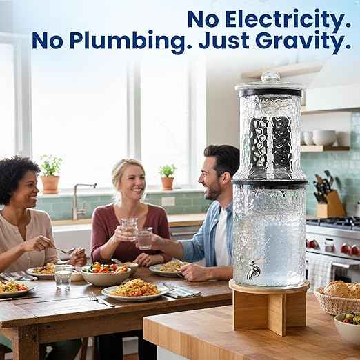 The Water Machine All Glass Purifier - Gravity Fed Water Filtration System with Activated Carbon Filters, Off Grid Emergency & Home Survival Portable Countertop Filter with Wooden Stand - 3 Gallon