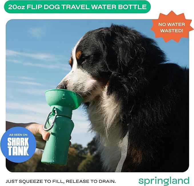 Springer Flip Portable Dog Water Bottle with Foldable Food Grade Silicone Bowl - 20 Ounce Travel Dog Water Bottle Ideal for Camping - Easy Squeeze Hydration & Release to Drain