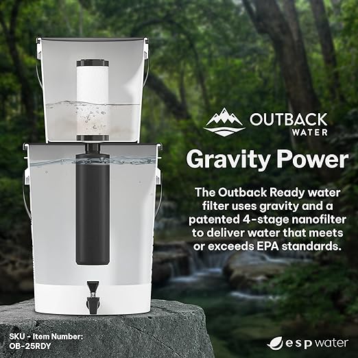 Outback Emergency Water Filter System for Survival Kit, Camping Gear, & Bug Out Bag - 4-Stage Water Filtration System, Purifies 24 GPD, Made in USA Gravity Water Filter, Field Tested for 20+ Years