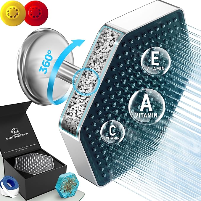 AquaHomeGroup Luxury Rain Shower Head with Filter - Reduces Chlorine, Rust and Sediment - Vitamin C E and A - High Pressure - Massage Modes - Chrome