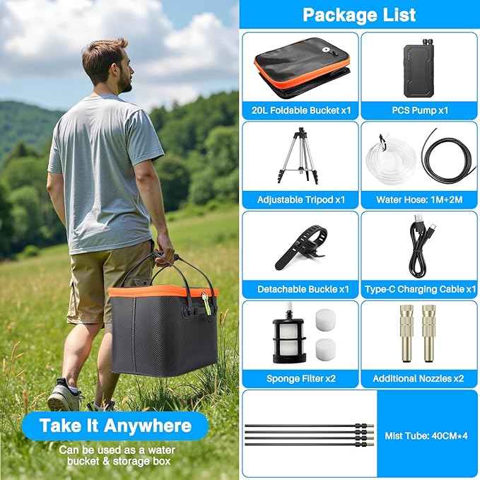 Portable Misting System with Standing, 6000mAh Water Cooling Misters Set for Outside Patio - 20L Bucket, 4.9FT(59IN) Adjustable Height for Outdoor, Beach, Pool, Water Playing, Sprinkler, Camping