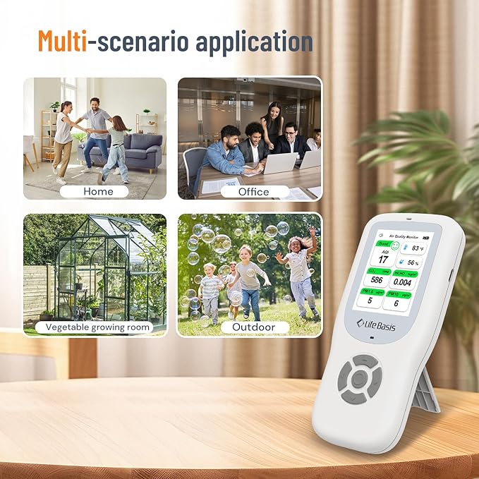 LifeBasis Air Quality Monitor Indoor, 11-in-1 Air Quality Detector with Stand, Air Meter Test AQI, PM1.0, PM2.5, PM10, CO2, TVOC, HCHO, Particles, Temperature and Humidity with Alert -White&Gray