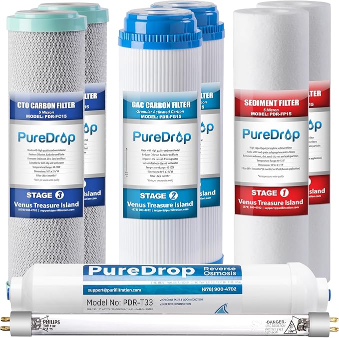 PDR-F8U 50 GPD Reverse Osmosis Water Filter 1-Year Replacement Cartridges for RTW5U 6-Stage RO Water Filtration System with UV light Filter, 8 Pieces