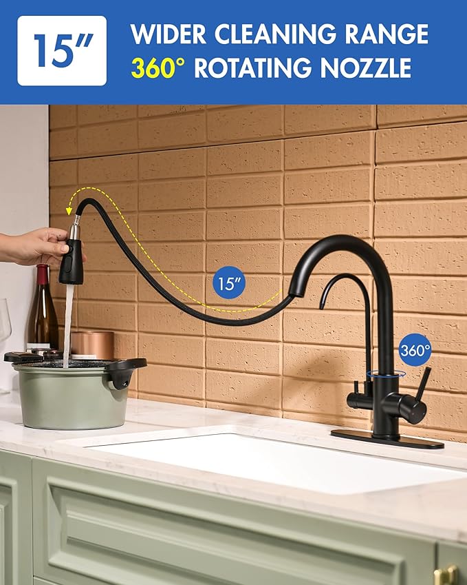 CENOSA 3 in 1 Black Kitchen Faucet with Sprayer Two Handle Kitchen Sink Faucet with Under Sink Water Filter System Reduces PFAS, PFOA/PFOS, Lead, Chlorine, Bad Taste & Odor