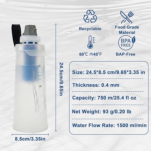 750ML Collapsible Water Bottle with Filter, Squeeze Filtered Water Bottle, BPA-Free, Dual Filtration, Ultralight Water Filter System for Hiking, Camping, Backpacking (White, 25.4 OZ)