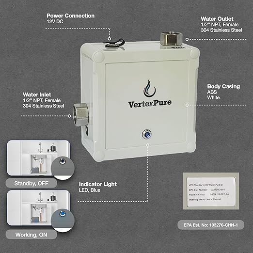 VP6 Mini UV-C LED Ultraviolet Water Filter Purifier, Reduce up to 99.99% of Contaminants at Flow Rate 1.58GPM, Smart On/Off Switch, 12V DC for RV Boats Off-Grid Livings, Mercury Free