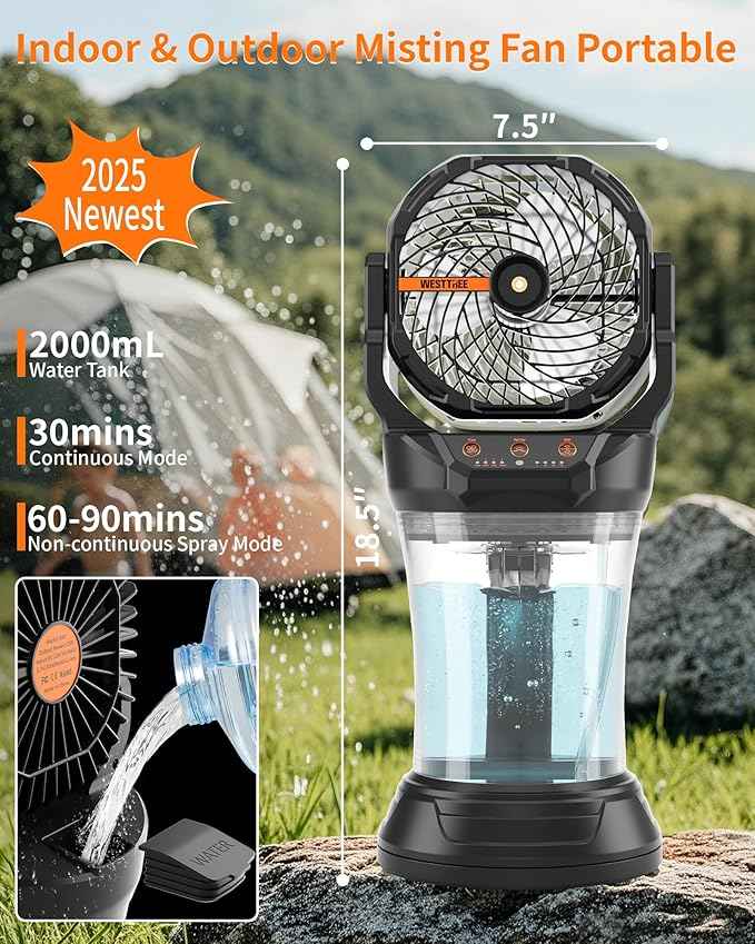 Portable Misting Fan with Large Battery Fan-Rechargeable Outdoor Misting Cooling Fans with 2L Water Tank,RGB Lights,4 Speeds & Spray Modes-for Patio, Camping, Beach, Workshop (Black)