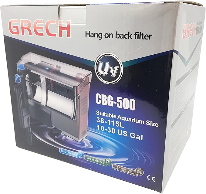 GRECH CBG-500 5W UV Hang On Back Aquarium Filter – 132 GPH HOB Power Filter for 10-30 Gallon Fish Tanks, External Filter with UV Water Clarifier