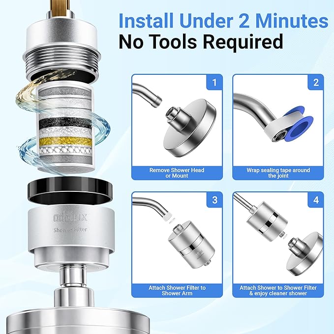 ADX-PRO-7 Long Lasting Titanium Aluminum Shower Filter – Independently Tested to NSF/ANSI 177 Standards, Reduces 99% Chlorine & Heavy Metals, Water Softener Filter (chrome)