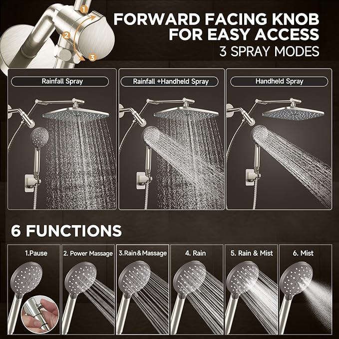 Veken 11.8'' Rain Brushed Nickel Shower Head with Handheld Spray Combo, Extension Arm for Rainfall Showerhead, Muti-modes Massage High Pressure Hand Held Shower Heads with Hose, Anti-Clog Nozzles