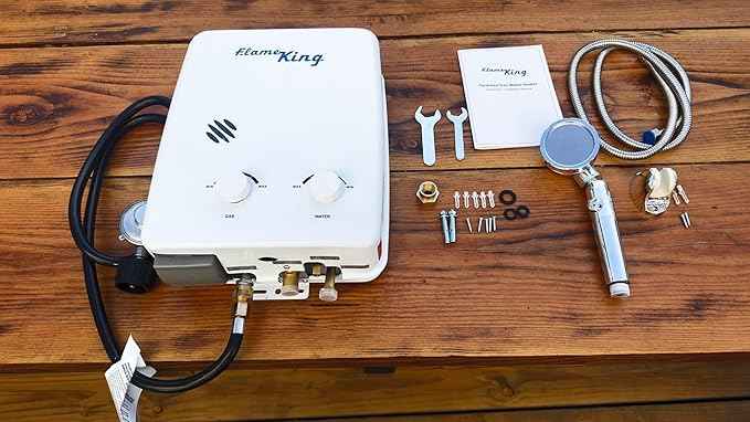 Flame King YSNAZ132 Portable Tankless Water Heater Propane Gas 5L 1.32GPM at 34,000 BTU, Outdoor Instant Hot Water Shower for RV, Camping, Farm, Cabins