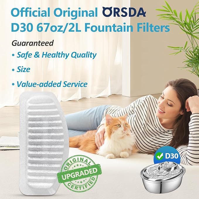 ORSDA Cat Water Fountain Filters, ORSDA Replacement Filters Carbon, Resin Filter ONLY for D30 67oz/2L Automatic Cat Fountain Dog Water Dispenser, 4 Filtration System (6 PCS Filters）