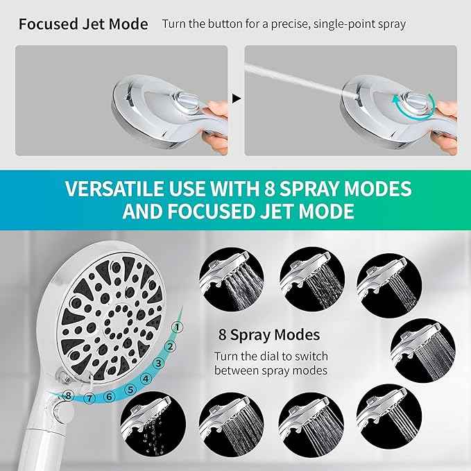 HYLER Shower Head High Pressure Handheld with 15-Stage Filter (Extra Filter, 6ft Hose, 2.5 GPM) - 8 Spray and 1 Focused Jet Mode, Water Saving Showerhead, Black Matte