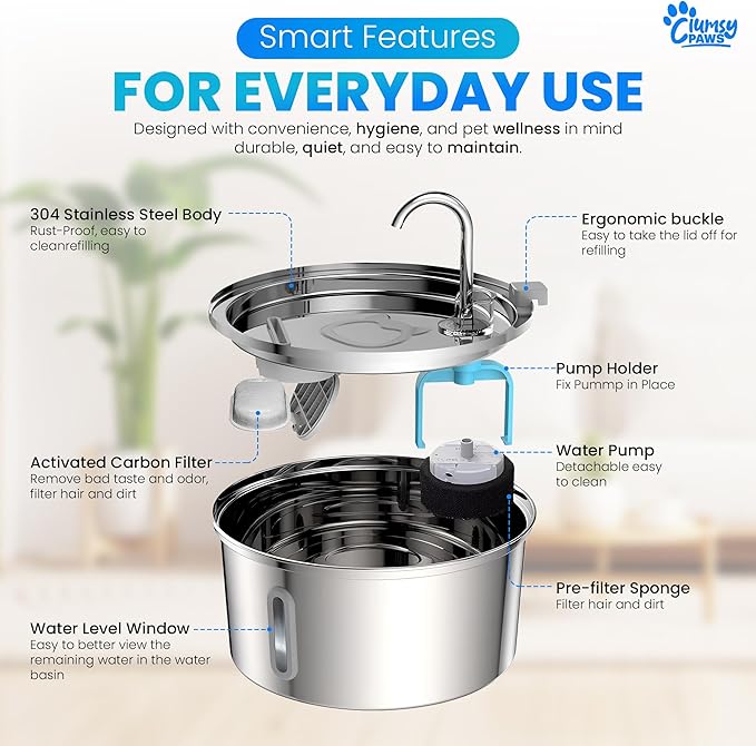 Wireless Cat Water Fountain Stainless Steel, 4L Automatic Water Dispenser for Dogs, Cats & Other pet, Quiet Filtered Drinking Fountain with Dual Water Outlets and USB Power for Indoor Use