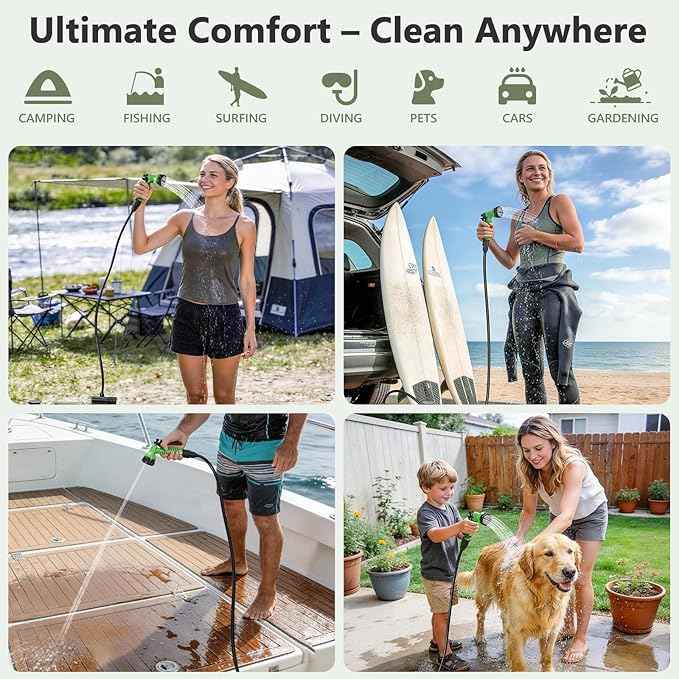 Integrated Portable Shower for Camping – Spill Resistant, 7-Mode Shower Head, Electric Camping Shower with 5 Gallon Food-Grade Water Jug, Easy to Store for Hiking, Beach, IPX7 Waterproof