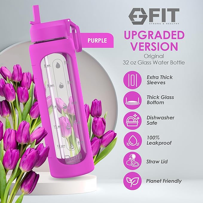 FIT Strong & Healthy 32 oz Glass Water Bottle with Straw Lid, Time Marker, Sleeve & Extra Lid - Motivational, Wide Mouth 1 Liter Glass Drinking Bottle