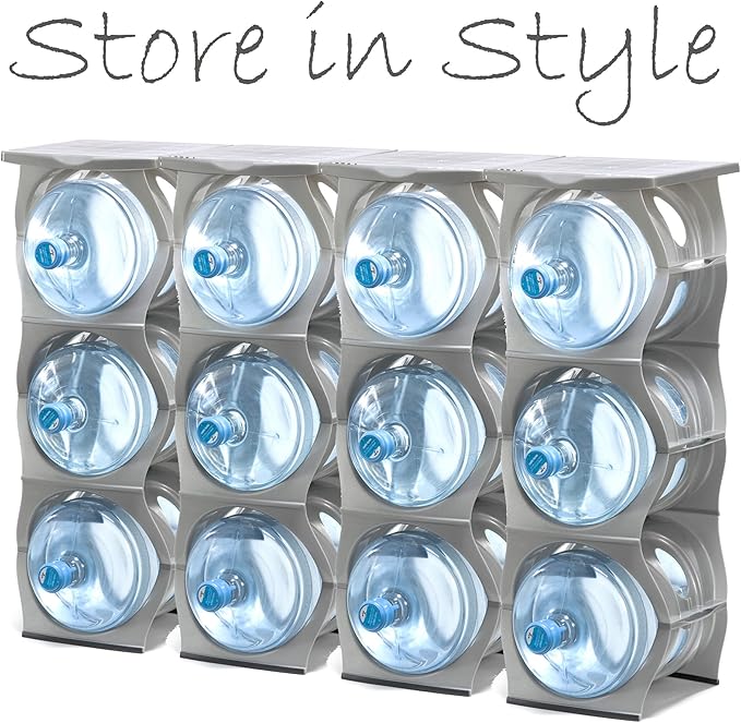 Bariboo Stackable Water Bottle Storage Rack Best Water Jugs 5 Gallon Organizer. Jug Holder for Kitchen, Cabinet and Office Organizing. Reinforced Polypropylene (Silver, 3 Plus Shelf)