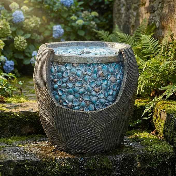 Kingsyard 13" Outdoor Water Fountain, Electric Resin Garden Waterfall with LED Lights, Quiet Outside Feature for Patio Porch Yard with Blue Seashell Decor