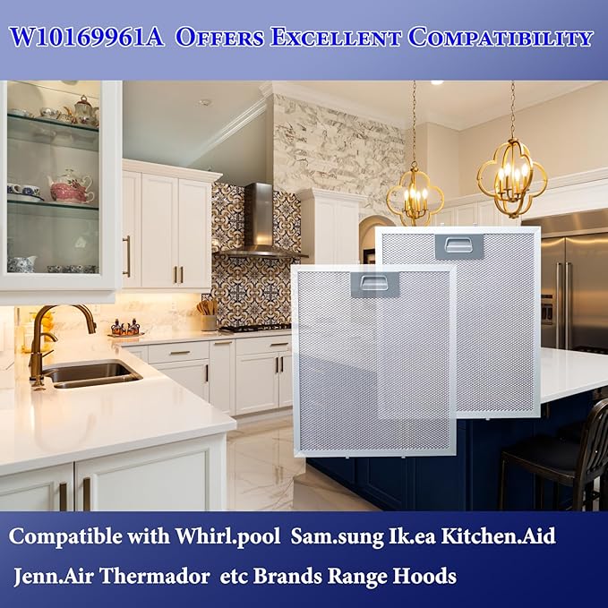 Upgraded W10169961A Range Hood Filter Fit for whirl-pool Range Hood Filter and Samsung Kitchen Aid GE Ikea Thermador etc the stove vent hood filters by size12"x10.5" 2pack - AquaVibe