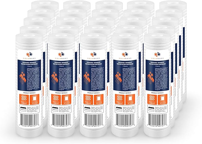Aquaboon Whole House 1 Micron 10 x 2.5 PP Grooved Sediment Water Filter Cartridge Replacement Compatible with AP110, WHKF-GD05, CFS110, P5, 25-Pack