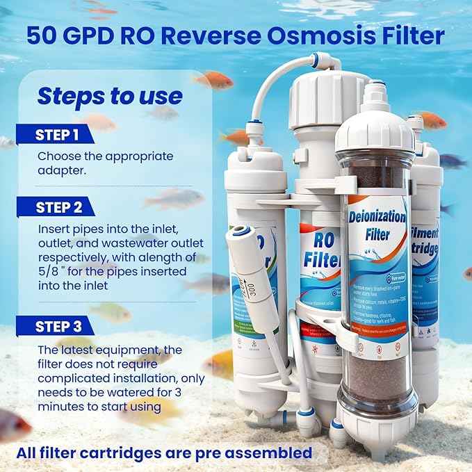 4 Stage Reverse Osmosis/Deionization Water Fliter System, 50 GPD Tankless Reverse Osmosis Water Filtration System for Aquarium with DI Water Filter