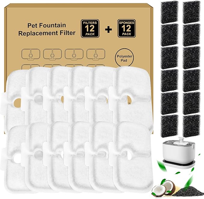 24 Pcs Replacement Filters for Dockstream Cat Water Fountain PLWF105/PLWF115/PLWF005, 12 Pack Pet Water Fountain Filters with 12 Pack Pre-Filter Sponges, White