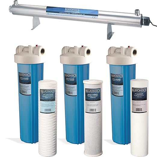 Bluonics Complete Well Water Whole House Water Filtration System 3-Stage with 110W UV 24GPM and One Extra Filters Sets, Activated Carbon Block, Sediment 20mic and 5mic Filters