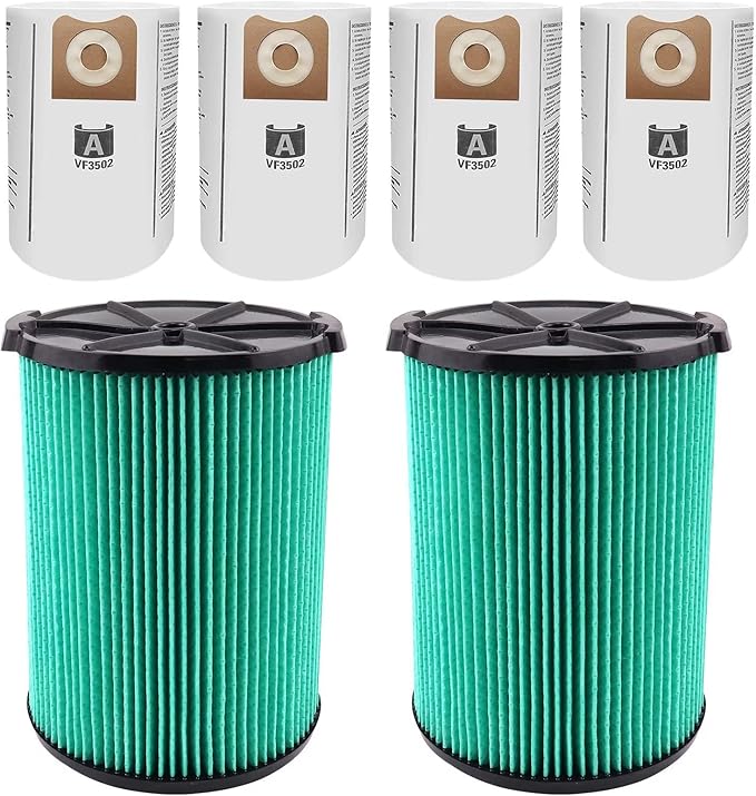 VF6000 Filter for Ridgid Shop Vac 5-20 Gallon Wet Dry Vacuums, 5-Layer HEPA Filter Fits WD5500 WD0671 WD6425 WD7000 (2 Pack VF6000 Filters + 4 Pack VF3502 Bags) - AquaVibe