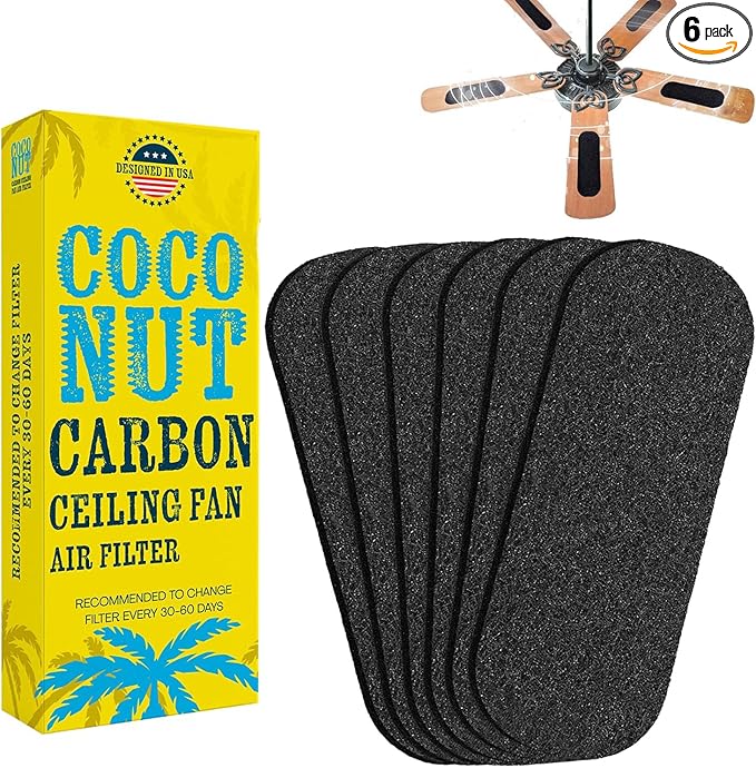 Ceiling Fan Filters for Blades, Ceiling Fan Filter, Unscented Activated Coconut Shell Carbon Ceiling Fan Air Filter-Easy-Stick Ceiling Fan Air Filters, Universal Ceiling Fan Blade(6 Pack)
