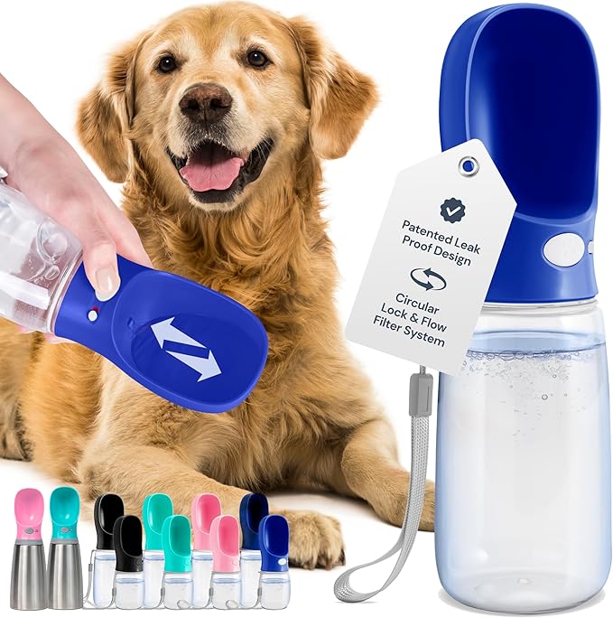 MalsiPree Dog Water Bottle Portable - 19 Oz, Navy Blue - Leak-Proof One-Hand Hydration Valve with Built-in Bowl - Travel Dog Water Bowl & Pet Bottle Dispenser - AquaVibe