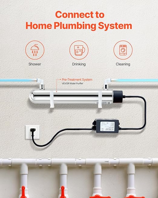 VEVOR Purifier UV Water, 12 W, 1 GPM, 110 V, Versatile Ultraviolet Water Purification Filter with Stainless Steel housing, UV Water Filter for The Whole House with Quartz Sleeve