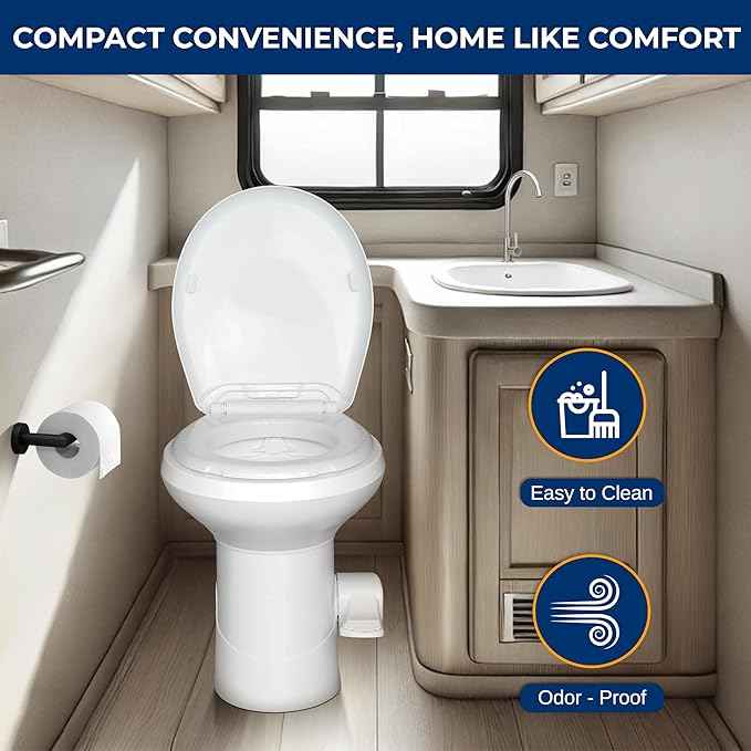SereneLife Camper/RV Toilet – Easy Flush with Foot Pedal, Hand Sprayer, Soft-Close Seat, Leak-Proof Bowl, Odor-Free, Includes Accessories, Quick Install for RVs, Trailers, Boats & Marine Use