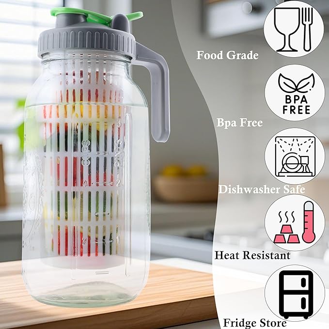 2 Quart Glass Mason Jar Water Pitcher With Fruit Infuser 64 Oz Wide Mouth Infused Cold Hot Water Jug Carafe With Lid Half Gallon For Coffee Sun Tea Lemonade Juice Homemade Drinks Container