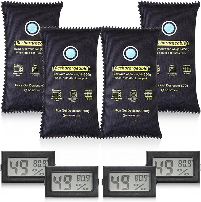 8 Pcs 500 Grams Rechargeable Silica Gel Desiccant Packets with Mini Digital LCD Hygrometer Thermometers Dehumidifier Bag for Gun Safe Closet Basement Car Storage Clothes Moisture Absorber