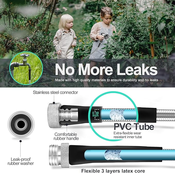 200ft 304 Stainless Steel Garden Hose Metal, Heavy Duty Water Pipe with Nozzles for Yard, Outdoor - Flexible, Never Kink & Tangle, Puncture Resistant (Sliver)